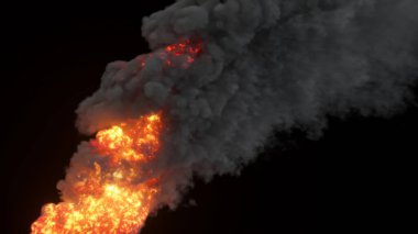 Yanardağ patlamasının 3 boyutlu dramatik yansıması. Parlayan lav ve yoğun dumanla karanlık bir zemin üzerinde.