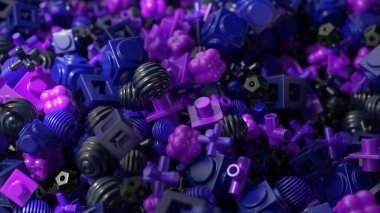 Kaotik bir düzende mor ve siyah geometrik şekillere sahip üç boyutlu soyut arkaplan