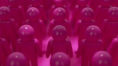 Tek bir yeşil figür, bir kalabalığın içindeki benzersizliği, bireyselliği ve farklılığı sembolize eden pembe figürler denizinin ortasında duruyor..
