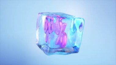 Parlayan bir buz küpünün içine gizlenmiş pembe yüzdelik semboller, satış, indirim ve promosyon kavramlarını çağrıştırıyor.