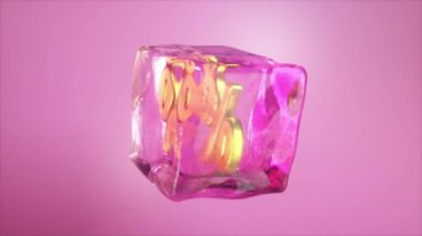 Parlayan bir buz küpünün içine gizlenmiş pembe yüzdelik semboller, satış, indirim ve promosyon kavramlarını çağrıştırıyor.