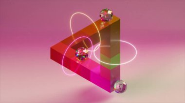 Canlı bir 3 boyutlu geometrik yapı bir optik illüzyon yaratıyor, neon halkalar ve kristal benzeri küreler içeriyor, pembe eğimli bir arkaplan üzerine kurulmuş..