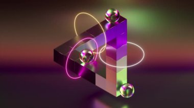 Parlayan neon halkalar ve yansıtıcı küreler içeren, karanlık bir gradyan arkaplana karşı ayarlanmış, gelecekteki üç boyutlu bir geometrik şekil optik bir illüzyon yaratıyor..