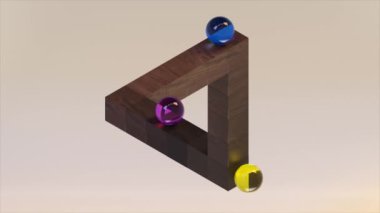 Mavi, mor ve sarı renkli canlı cam küreler içeren, nötr bir arkaplana karşı kurulmuş, üç boyutlu, ahşap bir geometrik şekil optik bir illüzyon yaratıyor..