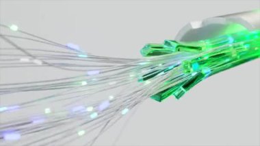 Işıl ışıl yeşil fiber optik kablolar yakın plan, gelişmiş veri iletim teknolojisini ışıklandırılmış iplikçiklerle ışıklandırılmış arka plan.