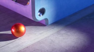 Canlı kırmızı bir küre modern bir mimari yapının yanında, renkli ışıklandırmayla aydınlatılmış, farklı gölgeler bırakan.