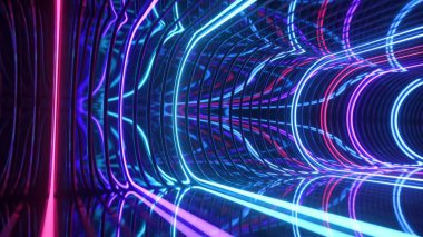 Parlak pembe ve mavi ışıklı soyut neon tünel geleceksel bir atmosfer yaratıyor.