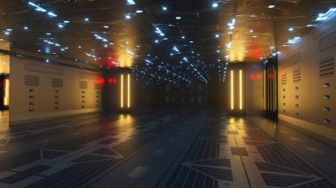 Koyu fütüristik bir koridor. Parlayan kırmızı, sarı ve mavi ışıklarla aydınlanıyor. Huysuz ve gizemli bir bilim kurgu atmosferi yaratıyor..