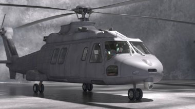 Askeri helikopterin loş aydınlatılmış beton bir garajda yan açıdan görüntülenmesi.