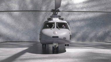 Ön taraftaki loş ışıklı beton garajda askeri bir helikopterin üç boyutlu görüntüsü.