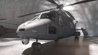 Endüstriyel bir hangarda konuşlanmış askeri bir helikopterin engebeli tasarımını ve gelişmiş ekipmanlarını gösteren yakın plan bir görüntüsü..