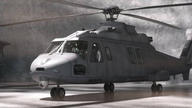 Endüstriyel bir hangarda konuşlanmış askeri bir helikopterin engebeli tasarımını ve gelişmiş ekipmanlarını gösteren yakın plan bir görüntüsü..