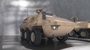 Kapalı bir garajda çöl kamuflajı olan modern zırhlı bir askeri aracın yakından görüntüsü..