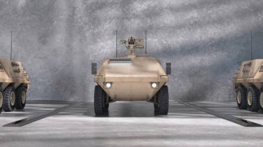 Çöl kamuflajlı zırhlı bir aracın beton bir garajda kapalı bir şekilde park edişinin tasarım ve gücünü ön plana çıkaran görüntüsü..