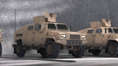 Taretlerle donatılmış zırhlı taktik araçlar, beton bir garajda kapalı park edilmiş, askeri hazırlık ve koruma göstergesi..