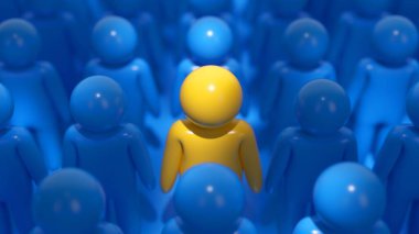 Bir grup mavi figürün üç boyutlu çizimi, bir sarı figür öne çıkıyor, çeşitlilik ve kapsayıcılığı tasvir eden sanat eserleri için ideal.