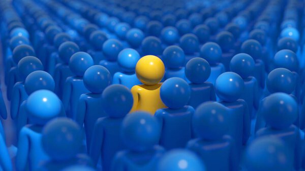 Желтый персонаж выделяется в толпе синего цвета, символизируя уникальность и индивидуальность. Умение быть самим собой
