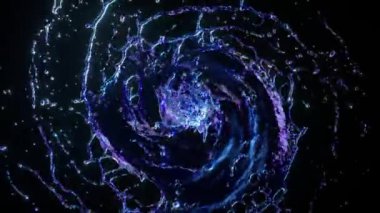 Neon ışıklarıyla aydınlatılan dinamik bir su girdabı koyu bir arkaplan karşısında soyut ve renkli bir desen oluşturuyor..