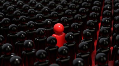 Bireysellik, çeşitlilik ve benzersiz olma gibi kavramları temsil eden, özdeş siyah figürlerden oluşan bir kalabalığın önünde duran tek bir kırmızı figür var.