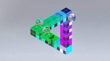 3d rendering of an impossible object made of colorful cubes with glass spheres balancing on top, evoking a sense of illusion and playful geometry clipart