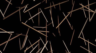 Kahverenginin çeşitli tonlarında pek çok ahşap bagetin 3D görüntüsü siyah arkaplandan düşüyor ve görsel olarak dinamik bir desen oluşturuyor.