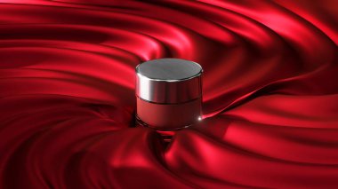 Parlak gümüş ve kırmızı kozmetik kavanoz. Lüks kırmızı ipek kumaşa yerleştirilmiş. Zarafet ve incelik yayıyor.