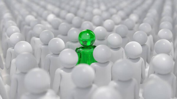 Уникальная трехмерная фигура выделяется в толпе белых фигур, символизирующих разнообразие и индивидуальность. Эта 3D рендеринг иллюстрирует концепцию выделения из толпы