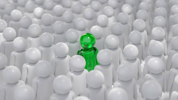 Зеленый прозрачный человек выделяется среди толпы белых людей, представляя такие понятия, как разнообразие, уникальность и отличаемость. Эта 3D иллюстрация может быть использована для различных тем