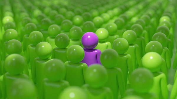 Один фиолетовый персонаж выделяется из толпы многих зеленых персонажей, показывая концепцию разнообразия и включения