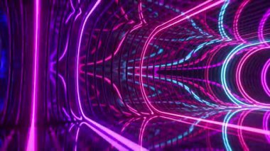 Parlak pembe ve mavi ışıklı soyut neon tünel geleceksel bir atmosfer yaratıyor.