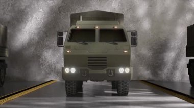 Ön taraftaki beton duvarlı loş garajda askeri bir kamyonun 3 boyutlu görüntüsü.