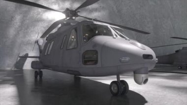 Ön taraftaki loş ışıklı beton garajda askeri bir helikopterin üç boyutlu görüntüsü.