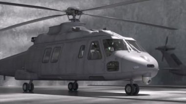 Askeri helikopterin loş aydınlatılmış beton bir garajda yan açıdan görüntülenmesi.