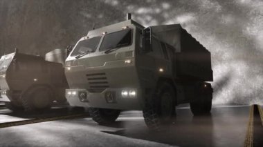 Endüstriyel bir çevreye park etmiş, güçlü lastikleri ve güçlendirilmiş bir bedeni olan ağır silahlı bir kamyon. Sert ışıklandırma ve gölgeler..