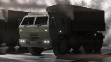 Askeri bir kamyonun loş ışıklı garajda, yan manzaralı, beton duvarlı bir şekilde üç boyutlu görüntüsü.