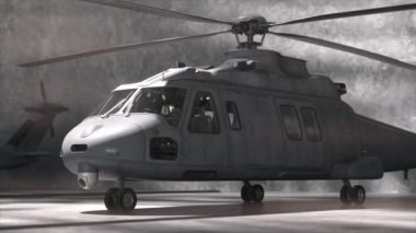 Endüstriyel bir hangarda konuşlanmış askeri bir helikopterin engebeli tasarımını ve gelişmiş ekipmanlarını gösteren yakın plan bir görüntüsü..