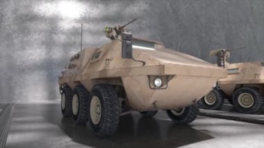 Kapalı bir garajda çöl kamuflajı olan modern zırhlı bir askeri aracın yakından görüntüsü..