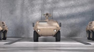 Çöl kamuflajlı zırhlı bir aracın beton bir garajda kapalı bir şekilde park edişinin tasarım ve gücünü ön plana çıkaran görüntüsü..
