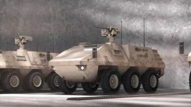Endüstriyel bir garajda zırhlı bir aracın 3 boyutlu görüntüsü. Detaylı dokuları var.