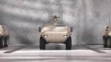 Endüstriyel bir garajda zırhlı bir aracın 3 boyutlu görüntüsü. Detaylı dokuları var.