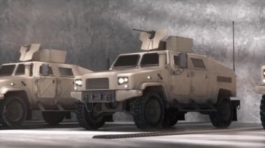 Askeri zırhlı aracın detaylı dokuları ve yan görüntüsü olan bir garaj ayarında 3D görüntüsü.