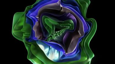 Akan, renkli, soyut şekiller karanlık bir arkaplan karşısında büyüleyici bir çiçek benzeri yapı yaratır, akıcılık, enerji ve sanatsal ifade duyguları uyandırır.