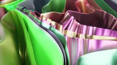 Canlı gökkuşağı renklerinde metalik dalgalar soyut, gerçeküstü bir manzara yaratıyor, arkaplan ve tasarım projeleri için ideal.