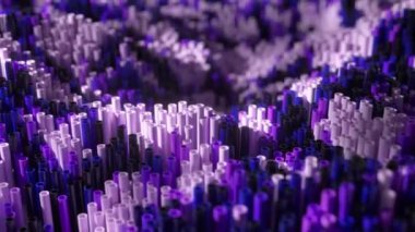 Soyut mor ve mavi silindirler yükselip alçalıyor, dinamik ve büyüleyici dalgalı bir manzara yaratıyor, teknoloji, tasarım veya müzikle ilgili projeler için mükemmel