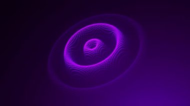 Titreşen mor parçacıklar dinamik torus oluşturur, karanlık arka plana karşı canlı yüzey boyunca akışkan dalga benzeri dalgalarla genişleyip büzülür.