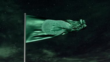 Bitcoin logosu olan yeşil bayrak gece rüzgarda dalgalanırken yıldızlı bir gökyüzü ve arka planda bulutlar. Kripto para hakkındaki fikirlerinizi göstermek için mükemmel.