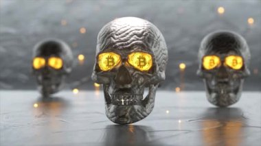 Parlayan bitcoin gözlü metal kafatası, gri arka planda yavaşça yaklaşıyor ve diğer kafatasları odak noktasından uzaklaşıyor.
