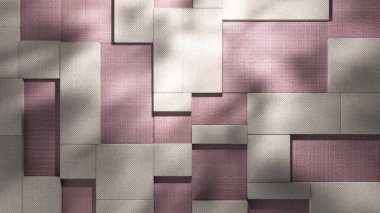 Geometrik şekiller dokulu yüzeyde dinamik gölgeler ve ışık oluşturarak ritmik hareket ve mimari derinlik ile soyut görsel deneyim oluşturur.