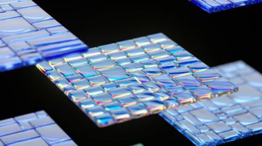 Siyah zemin üzerinde yavaşça dönen cam yanardöner fayanslar büyüleyici bir görsel efekt yaratarak güzel bir ışık ve renk oyunu sergiliyor.