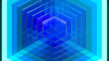 Şeffaf altıgen cam yapılar pürüzsüzce dönüyor, parlak mavi geometrik elementleri siyah ve cyan zıt arkaplanlara karşı ortaya çıkarıyor, fütüristik görsel tasarım hareketi yaratıyor
